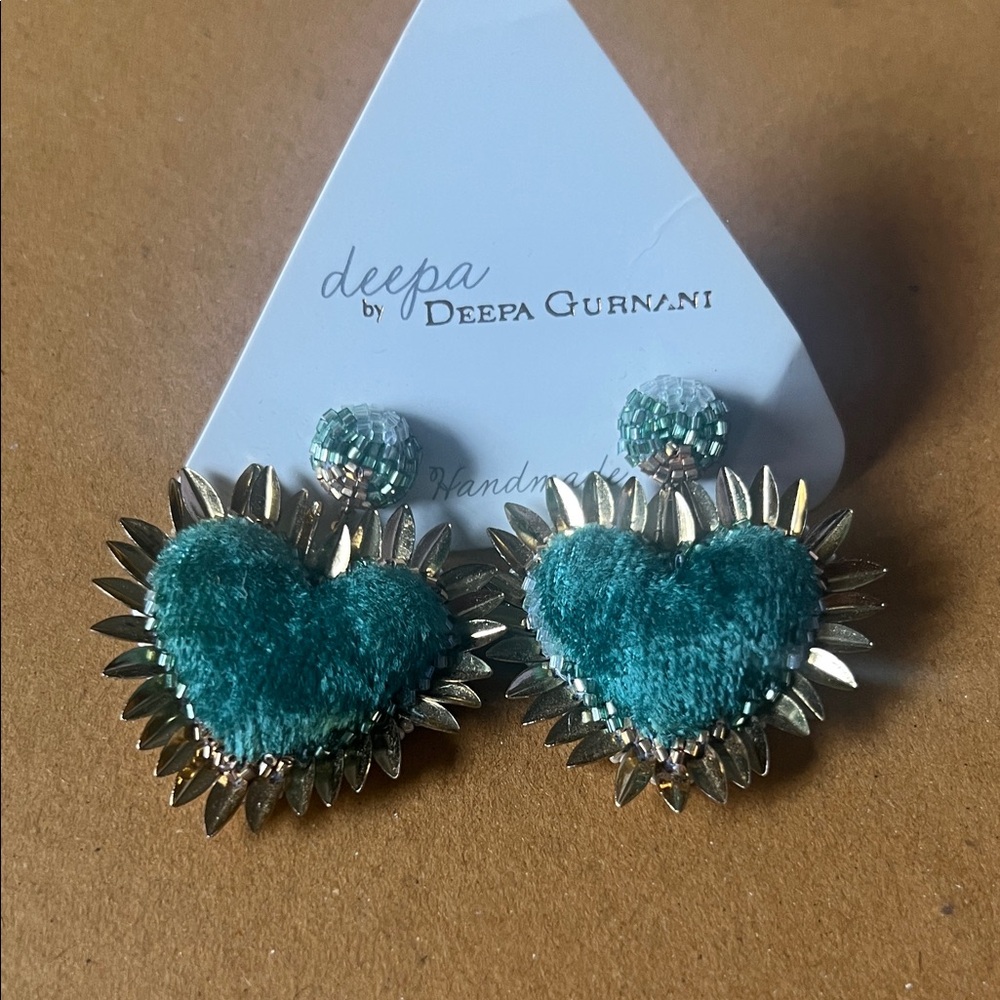Deepa Gurnani Green and Gold Heart Earrings